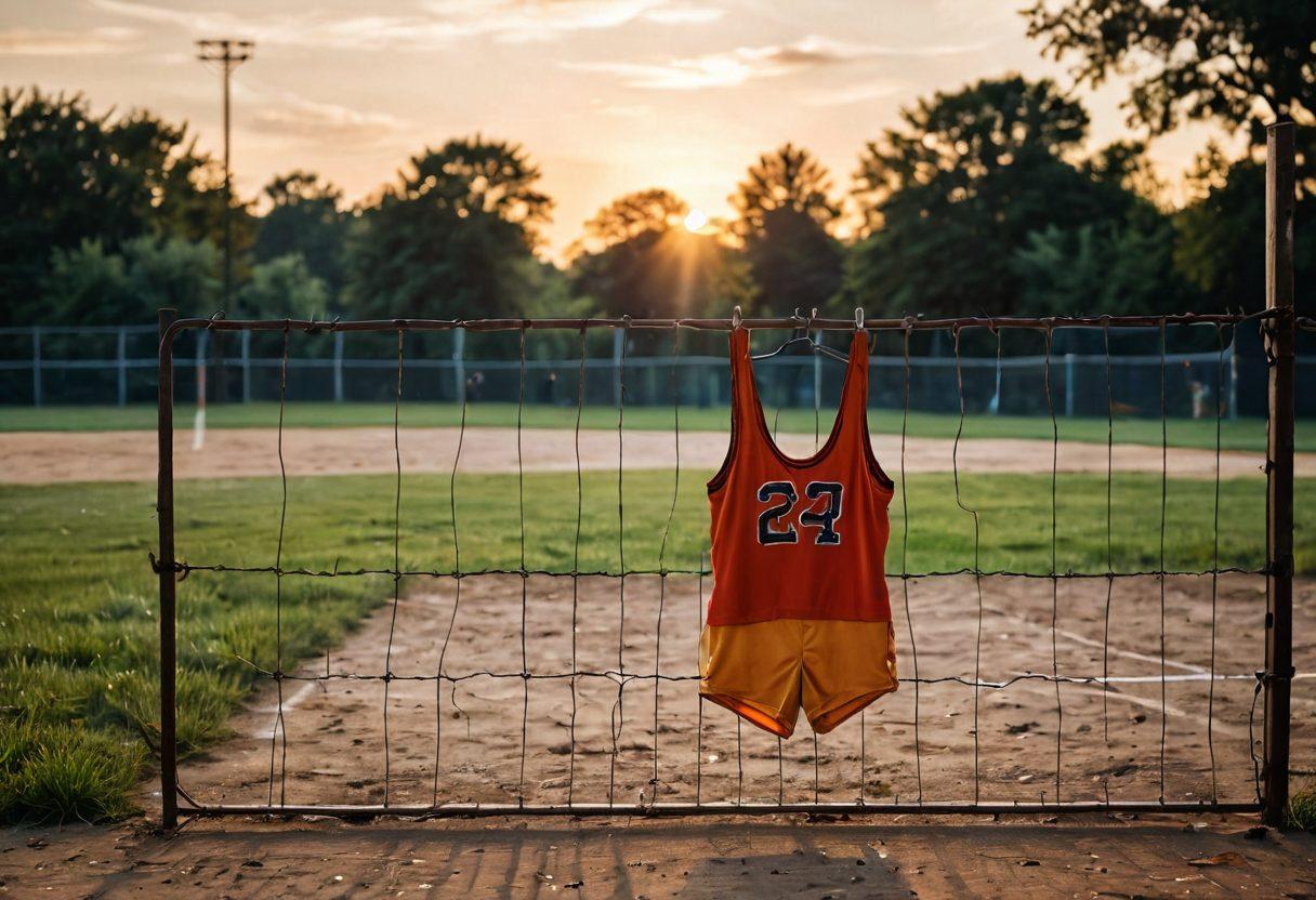 A nostalgic scene depicting an empty baseball field at dusk, with a child's colorful swimwear hung on a rusty fence, symbolizing the juxtaposition of summer joy and wistfulness. Shadows elongate over the sunlit field, with a gentle breeze suggesting unfulfilled dreams. In the background, faded baseball memorabilia adds to the somber atmosphere. vintage style. muted colors. soft focus.
