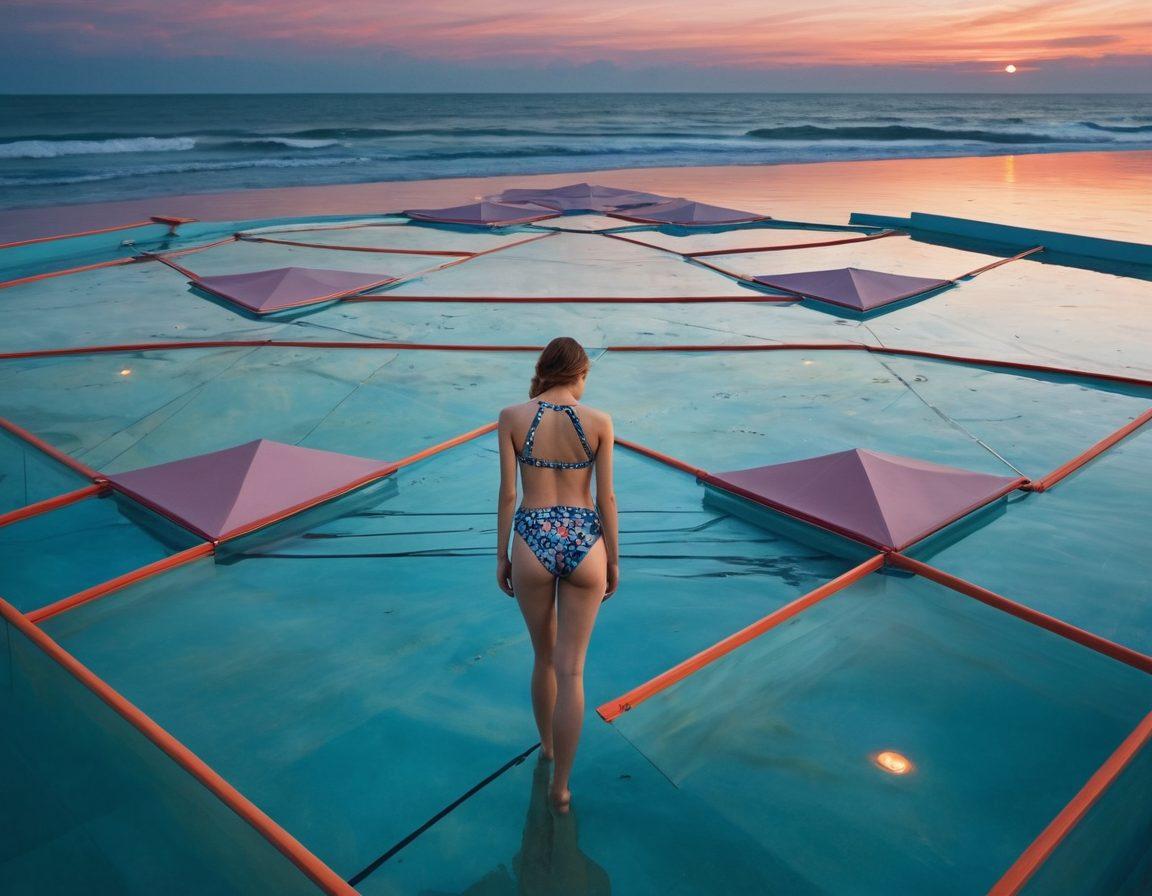 A surreal depiction of a baseball diamond intertwined with various swimwear designs, showcasing geometric shapes that symbolize grief and nostalgia. Soft, muted colors contrast with sharp angles of the swimwear, set against a twilight sky that evokes melancholy. The diamond is partially submerged in water, reflecting the swimwear's forms, and enhancing the emotion of the scene. include abstract representations of tears in geometric patterns. A blend of surrealism and expressionism.