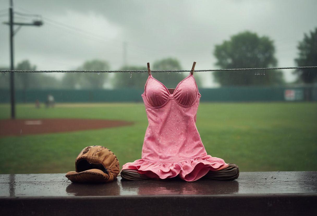 A surreal scene featuring a vintage bathing suit hanging on a clothesline in a gloomy, rain-soaked baseball field. Nearby, a sad baseball glove rests on a wet bench, with raindrops falling like tears. The background should evoke a sense of nostalgia and melancholy, with overcast clouds and dim lighting. Incorporate hints of vibrant colors in the bathing suit to contrast the grayness of the environment. painterly style. soft focus. melancholic atmosphere.